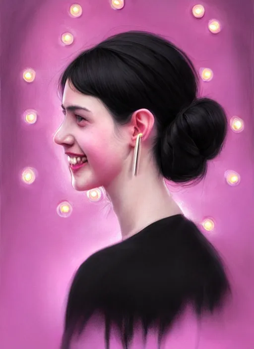 Image similar to portrait of teenage girl, realistic, black hair, bangs, half updo hairstyle, pointy nose, skinny, smile, ugly, defined jawline, big chin, pink hair bow, earrings, intricate, elegant, glowing lights, highly detailed, digital painting, artstation, sharp focus, illustration, art by wlop, mars ravelo and greg rutkowski