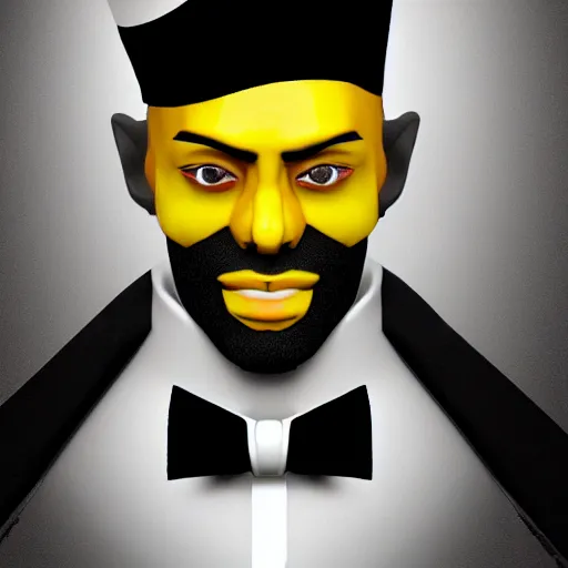 Image similar to a highly detailed portrait of a man in a high top hat covering his face, in a black tailcoat with a yellow waistcoat under the tailcoat, artstation, deviantart, professional, unreal engine 5, photorealistic