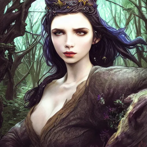 Image similar to cinematic side portrait witch, adventurer outfit large cloak, fantasy forest landscape, dragon scales in hair, supervillain, fantasy magic, undercut hairstyle, dark light night, intricate, elegant, sharp focus, illustration, highly detailed, digital painting, concept art, matte, art by WLOP and Artgerm and Greg Rutkowski and Alphonse Mucha, masterpiece