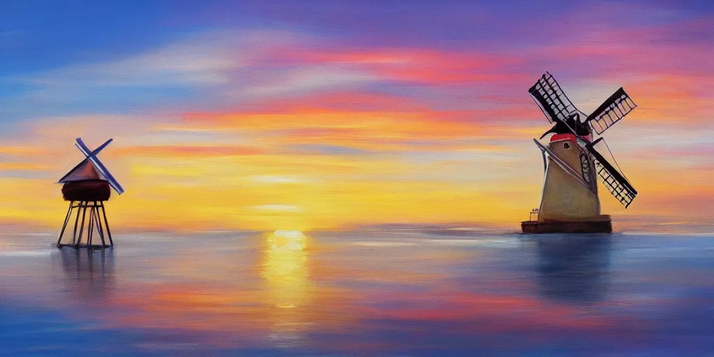 Image similar to Beautiful painting of a pretty sunset with a floating island floating high in the sky, a windmill on top of the floating island, 4k, art station