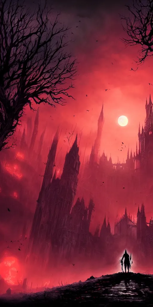 Image similar to abandoned bloodborne old valley with a person at the centre and a ruined gothic city at the emd, trees and stars in the background, bats in the sky, falling red petals, epic red - orange moonlight, perfect lightning, wallpaper illustration by niko delort and kentaro miura, 4 k, ultra realistic