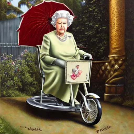 Prompt: Queen Elizabeth II on a tricycle, lowbrow painting by Mark Ryden