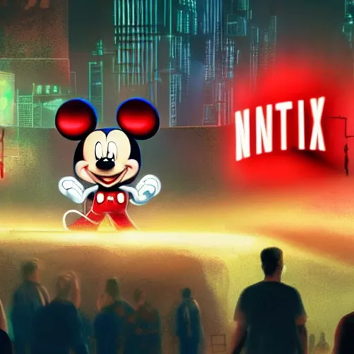 Image similar to a group of people standing around a giant bloody wounded mickey mouse with a netflix neon logo, cyberpunk art by david lachapelle, cgsociety, sots art, dystopian art, reimagined by industrial light and magic, dark concept art