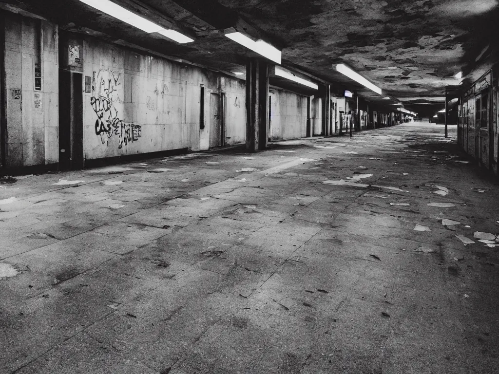 Image similar to “35mm film photography of empty train station, concrete, abandoned, old posters, derelict, damp, dark, cold, bright graffiti, dim strip lighting, empty platform, cinestill 800t, grain”