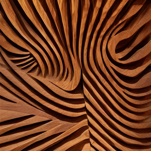 Image similar to abstract 3 d wooden sculpture wave twist, maple, oak, walnut, with gold accents detailed 4 k 3 d render