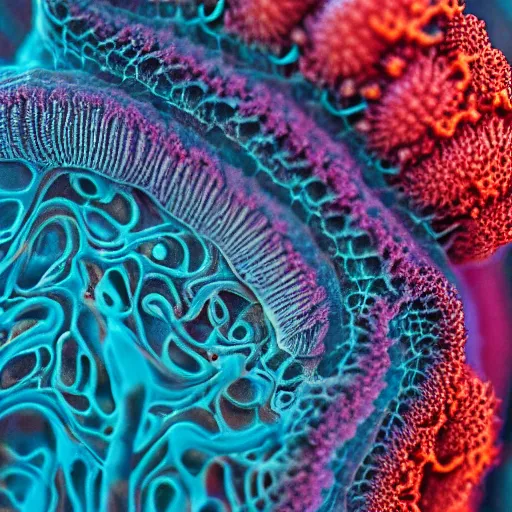 Image similar to photorealistic, extreme macro focus stacking. nikon's small world. coral polyp. intricate, detailed acrylic pour by beeple