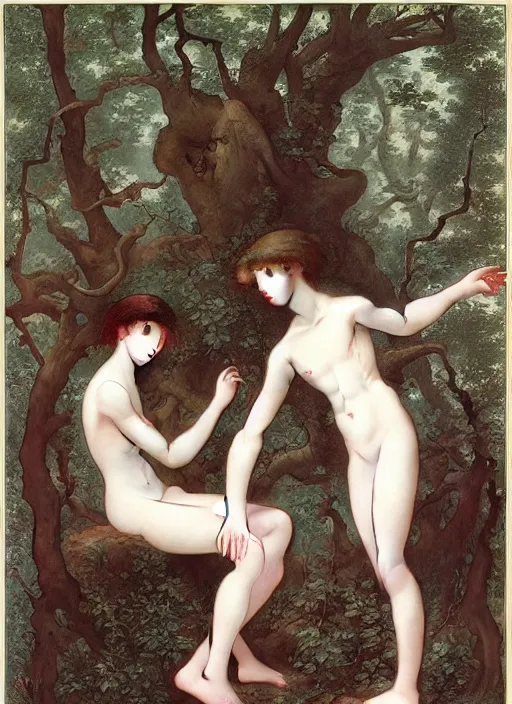 Image similar to boy and girl and a goat in a deep thorns bones bloody forest, by william-adolphe bouguereau and Takato Yamamoto, high resolution