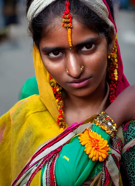 Prompt: color Mid-shot portrait of a beautiful 20-year-old woman from India in her traditional get-up, candid street portrait in the style of Mario Testino award winning, Sony a7R