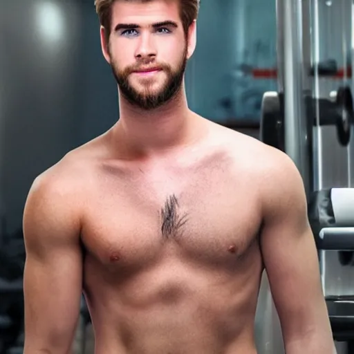 Prompt: a realistic detailed photo of a guy who is an attractive humanoid who is half robot and half humanoid, who is a male android, actor liam hemsworth, shiny skin, posing like a statue, blank stare, at the gym, on display, showing off his muscles