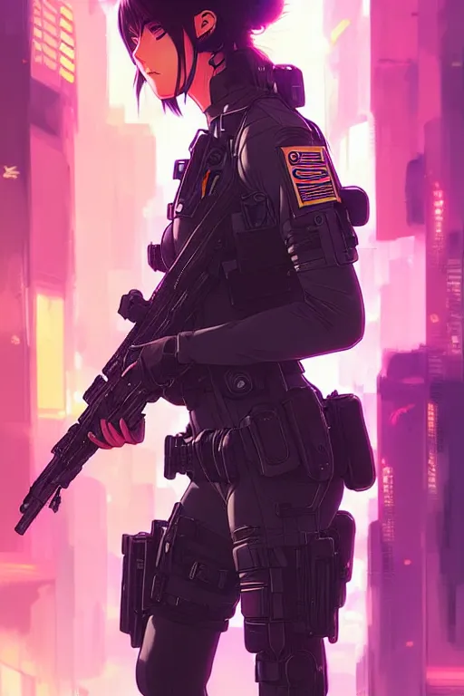 Image similar to anime key visual of a young female swat officer, neon, cyberpunk, futuristic, stunning, highly detailed, digital painting, smooth, soft focus, illustration, movie poster, japanese typography, digital art from artstation by artgerm and greg rutkowski and alphonse mucha