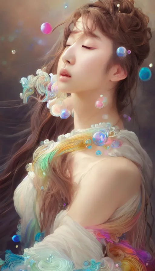 Prompt: portrait of kpop idol, dreamy and ethereal, expressive pose, peaceful expression, ornate frilly dress, fantasy, intricate, elegant, many rainbow bubbles, rose tones, highly detailed, digital painting, artstation, concept art, smooth, sharp focus, illustration, art by artgerm and greg rutkowski and alphonse mucha