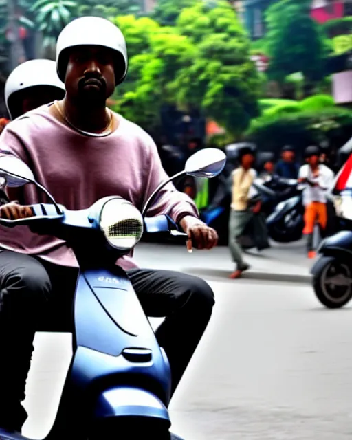 Image similar to close up shot of kanye west riding scooter in hanoi, a photo in daylight