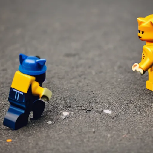 Prompt: a cat chasing a scared lego man running for his life, low angle, depth of field, 35mm macro