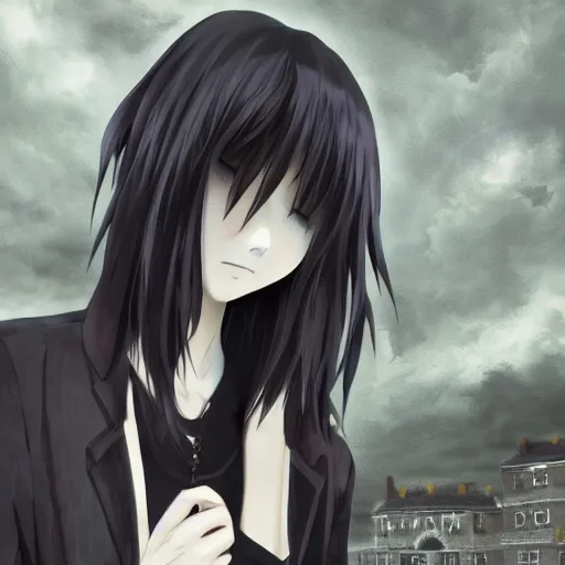 Image similar to 1 7 - year - old anime goth girl, black hair, long bob cut, long bangs, gothic coat, long bangs, united kingdom, rainy day, small town in great britain, midlands, english village, ultra - realistic, sharp details, cold lighting, blue and gray colors, intricate details, subsurface scattering, hd anime, 2 0 1 9 anime