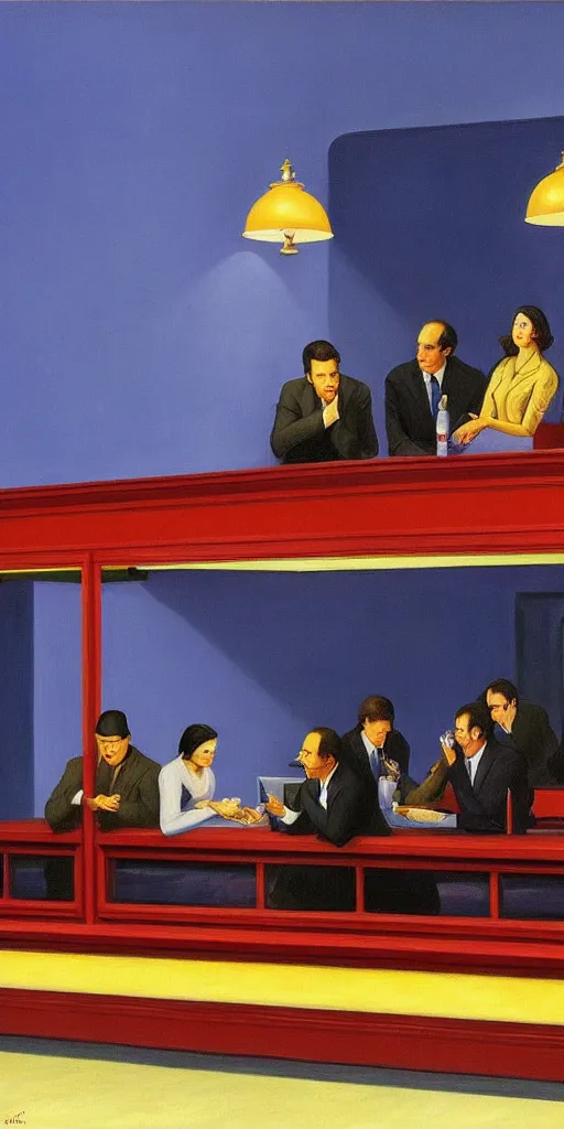 Prompt: seinfeld cast painting by edward hopper in style of nighthawks oil painting