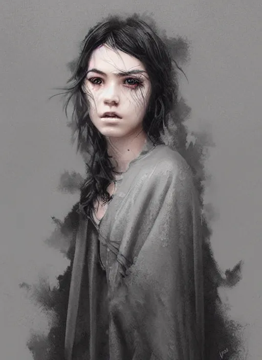 Image similar to a teenage girl with very short black hair and a huge cloak made of grey and black raven feathers standing in the mist. mist swirls around her. beautiful highly detailed face. beautiful painting by artgerm and greg rutkowski and raymond swanland