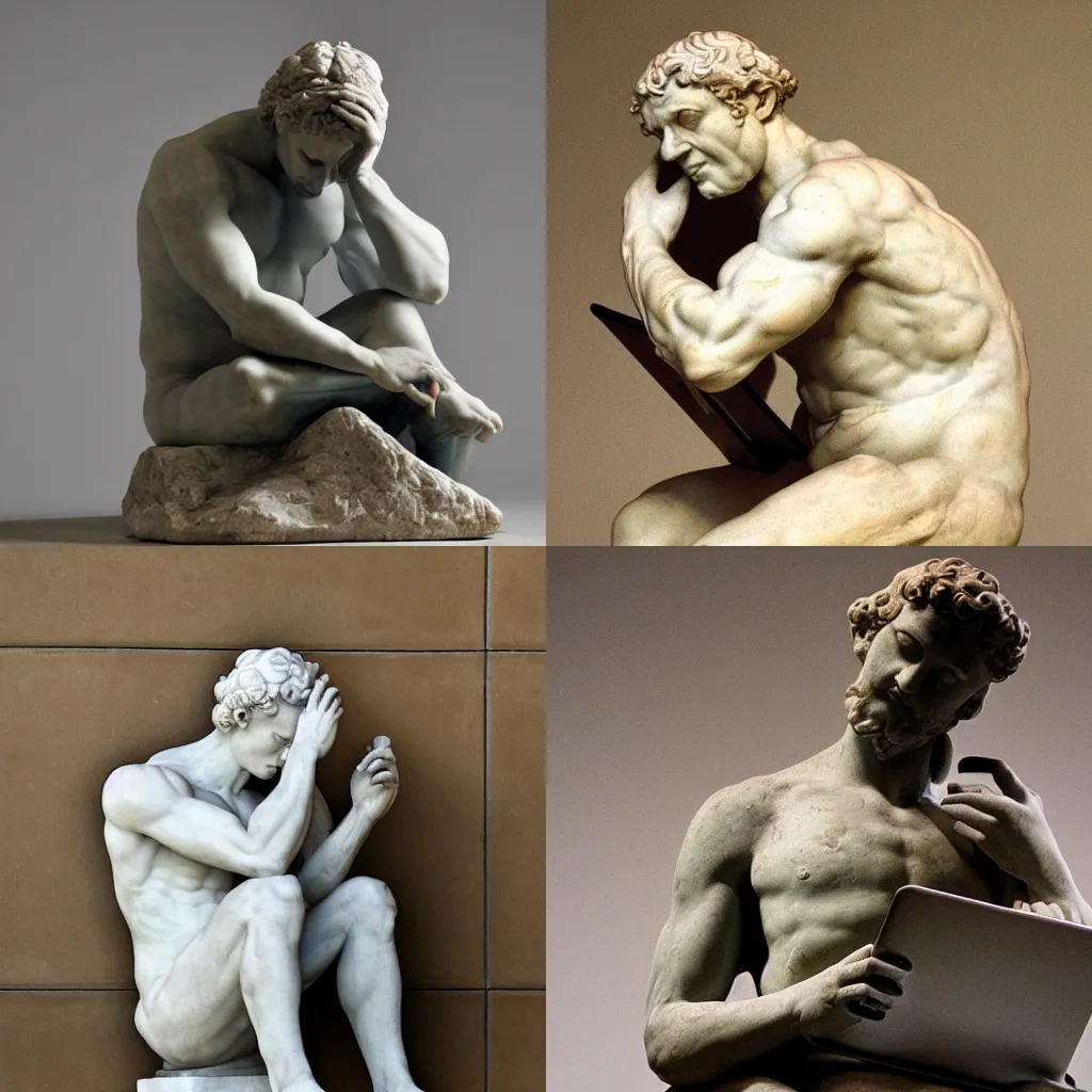 Prompt: marble statue of a man stressed on his laptop, by Michelangelo