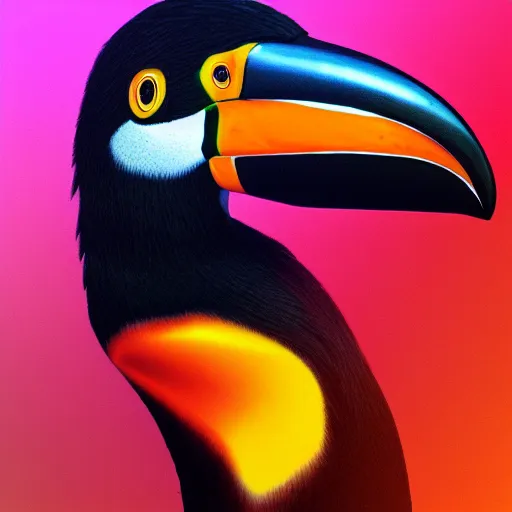 Image similar to photorealistic toucan. hyperdetailed photorealism, 1 0 8 megapixels, amazing depth, high resolution, 3 d shading, 3 d finalrender, 3 d cinematic lighting, glowing rich colors, psychedelic overtones, artstation concept art.