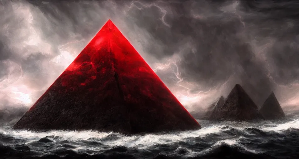 Prompt: black lovecraftian obsidian pyramid!! on a snowy island surrounded by raging stormy seas by eugene von guerard, ivan shishkin, night, red lightning!!, storm, dramatic lighting, concept art, trending on artstation, 8 k