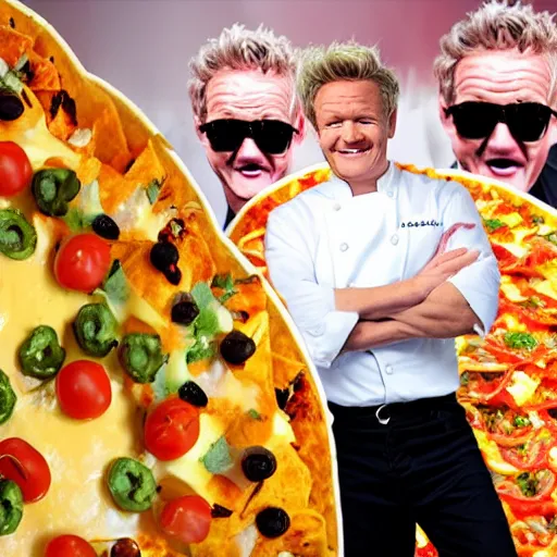 Image similar to < photo hd trending funny > gordon ramsey exudes joy from seeing an incredibly oversized plate of nachos < photo >