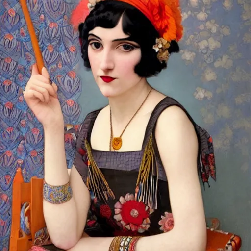 Image similar to a portrait painting of a 1 9 2 0 s woman in a flapper dress, highly detailed, art by tristan eaton and artgerm and william - adolphe bouguereau