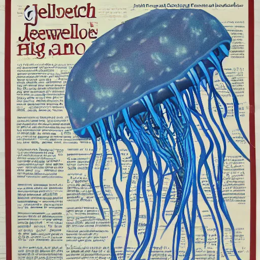 Image similar to jellyfish 4 dultra detailed big written words hello are missing limbs super detailed by printing magazine newspaper cinematic, realistic, intricate