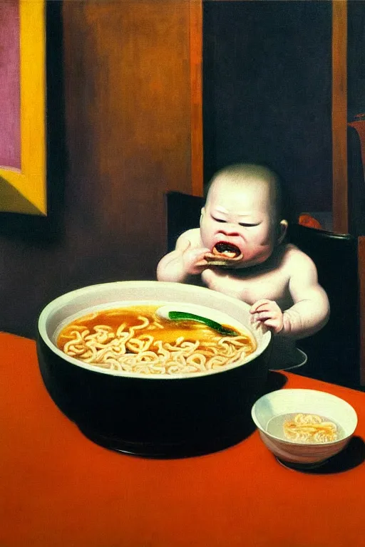 Image similar to evil human giant baby eating a huge bowl of ramen in new york city, traditional chinese restaurant, hauntingly surreal, highly detailed painting by francis bacon, edward hopper, adrian ghenie, gerhard richter, and james jean soft light 4 k,