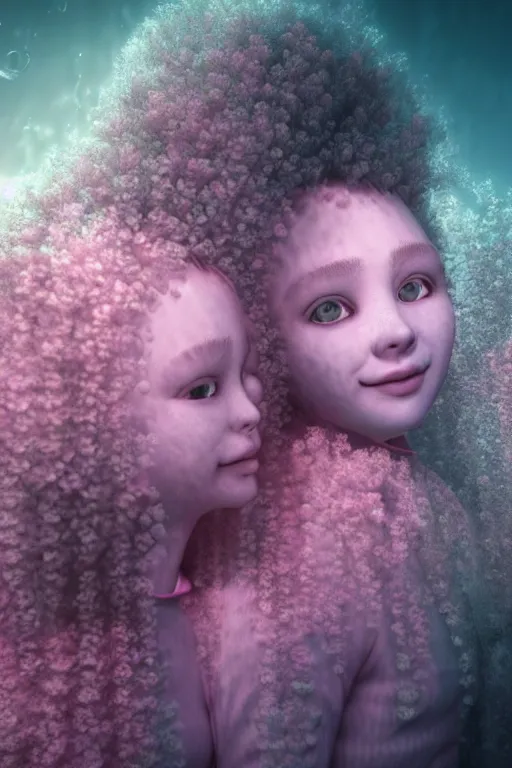 Image similar to 3d realistic dramatic infrared photo of two schoolgirls sisters with a realistic face and curly hair standing and hugging in a dark subway station under water in Japan. Close-up portrait. There are pink palm trees and translucent glow jellyfish flying around. Volumetric composition. Pastel colors in the style of Hiro Kiyohara, redshift, octane, trend artstation, cinematic, hyper realism, high detail, 8k