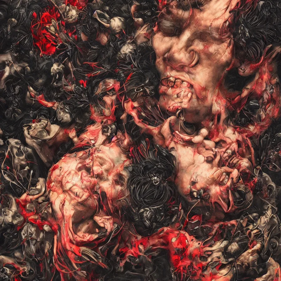 Image similar to male portrait of satan eating babies and puking blood, surrounded by black flowers, art by francis bacon, karol bak, james jean, tom bagshaw, rococo, trending on artstation, cinematic lighting, hyper realism, dramatic, emotional, octane render, 8 k, hyper detailed.