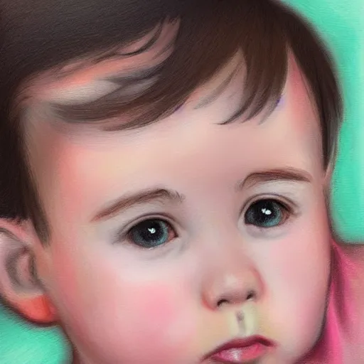 Prompt: a digital portrait of a 1 year old with black hair,hazel green eyes, drawn in the style of mark Arian,