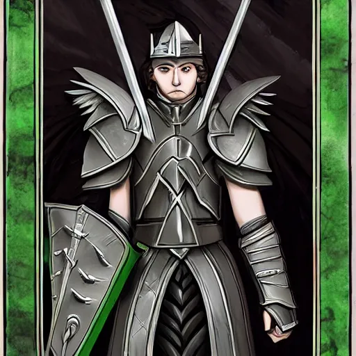 Prompt: Dungeons and Dragons Portrait of a paladin. Plate Armor. Dark Flowing Chaotic Hair, Green Eyes