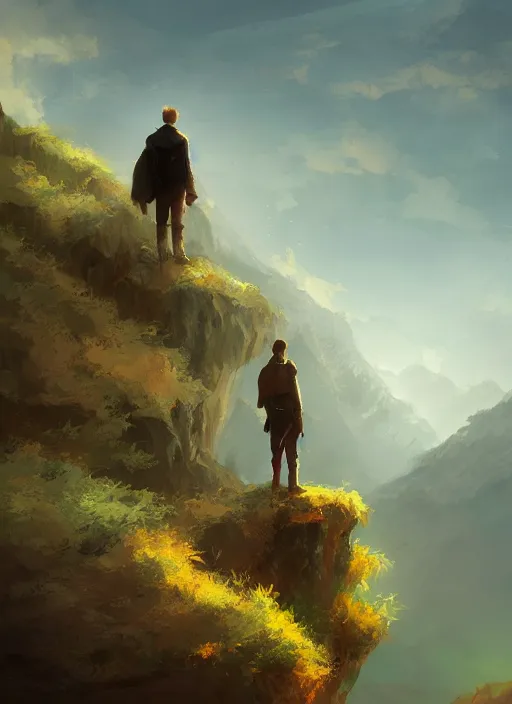 Image similar to a man standing on a viewpoint looking out over a beautiful landscape where new and exciting adventure and potential await, digital art, artstation, inspiring