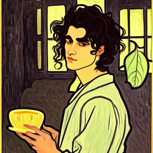 Prompt: painting of young cute handsome beautiful dark medium wavy hair man in his 2 0 s named shadow taehyung at the halloween matcha soup party, somber, depressed, melancholy, sad, elegant, clear, painting, stylized, delicate, soft facial features, delicate facial features, soft art, art by alphonse mucha, vincent van gogh, egon schiele