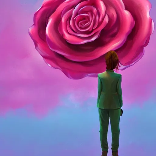 Image similar to closeup, giant rose flower as a head, frontal, girl in a suit, surreal photography, sunrise, dramatic light, impressionist painting, digital painting, artstation, simon stalenhag