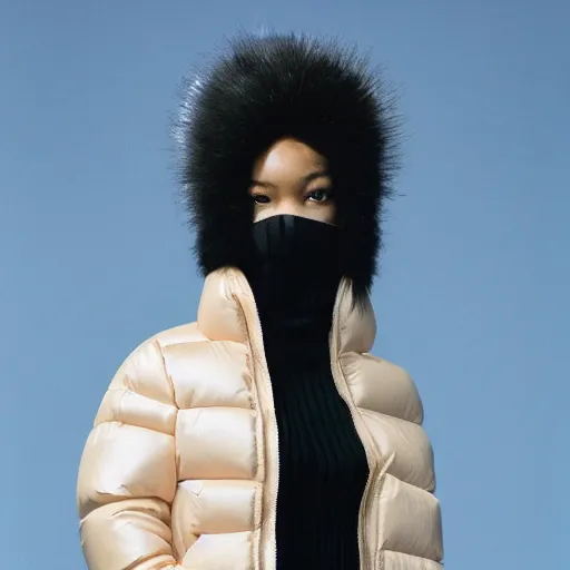 Image similar to realistic! photoshoot for a new balenciaga lookbook, color film photography, portrait of a beautiful woman wearing a balaclava puffer mask, photo in style of tyler mitchell, 35mm lens