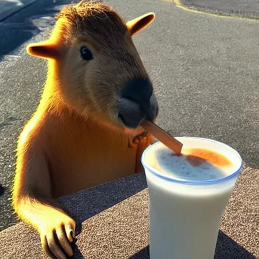 Image similar to a capybara character drinking a milkshake