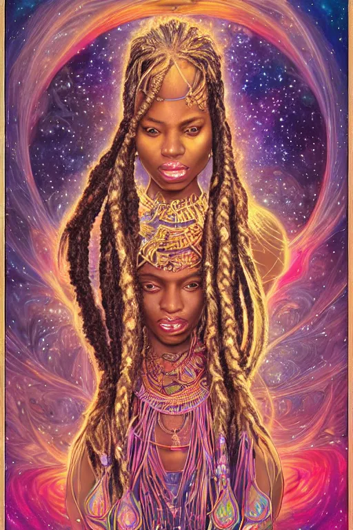 Image similar to beautiful, iridescent, and refined engraved fractal tarot card featuring an ornate, realistic, and regal high key studio anaglyph portrait of an attractive young kenyan princess with beaded dreadlock hair in front of a brilliant nebula by Eric Lafforgue, by Suicide Girls, by Dan Mumford, by Jim Fitzpatrick, featured on deviant art, trending on artstation