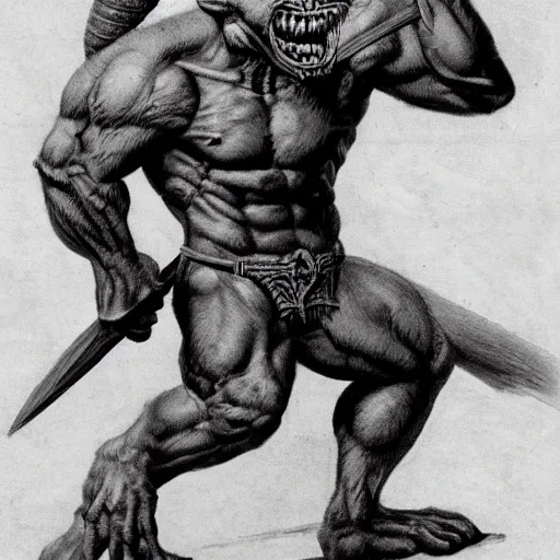 Image similar to dog - faced muscular goblin, ugly face, lizard tail, holding scimitar made of bone, hyper - detailed, primeval fantasy, prehistoric fantasy, drawn by frank frazetta