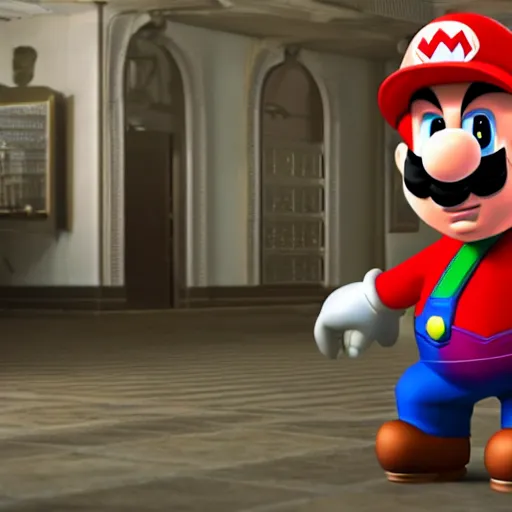 Image similar to Super Mario as the mobster Vitorio Corleone, realistic, 3d rendering, unreal engine, cinematic shot