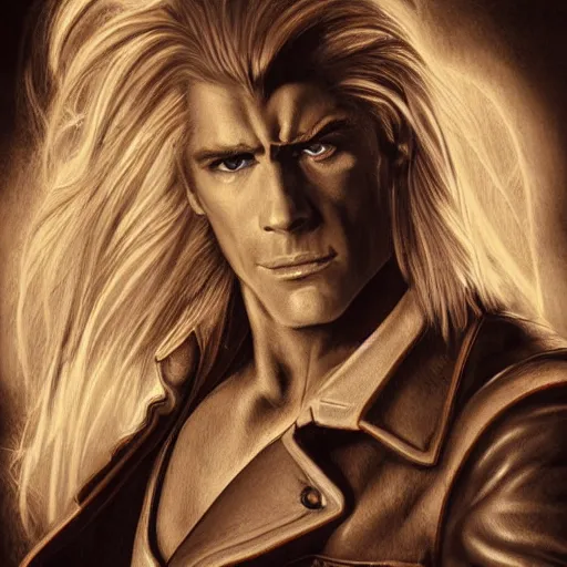 Prompt: portrait of a muscular, grim, ponytail haired blonde man in his late 30's, wearing a thick brown leather coat, looking to his side, hunter, DnD character, fantasy character, dramatic lighting, high detail, black and white digital art by Boris Vallejo