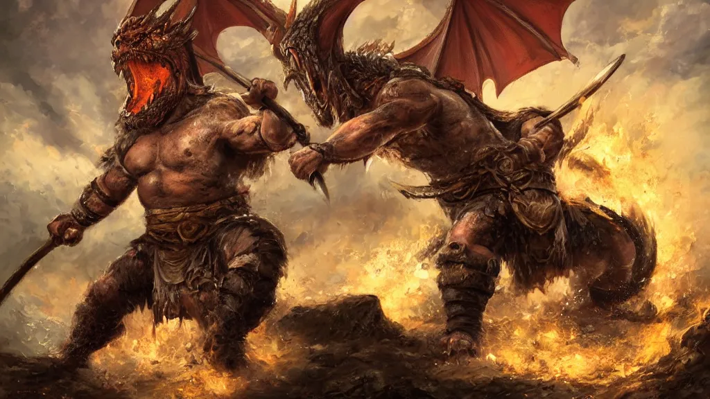 Image similar to a barbarian wielding an axe fighting a dragon