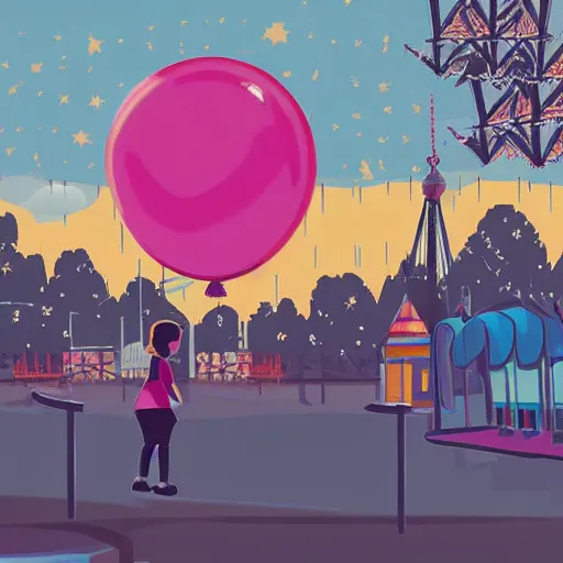 Image similar to a girl holding a balloon at a fairground. buildings with graffiti. silhouette. photograph illustration in the style of simon stalenhag