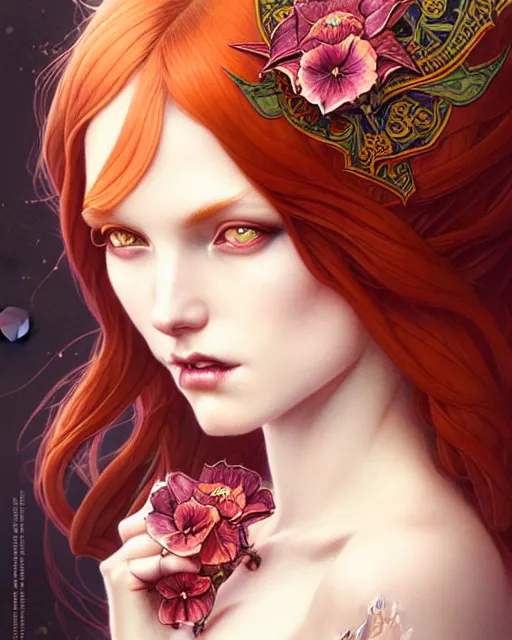 Image similar to succubus ginger portrait, art nouveau, fantasy, intricate flower designs, elegant, highly detailed, sharp focus, art by Artgerm and Greg Rutkowski and WLOP