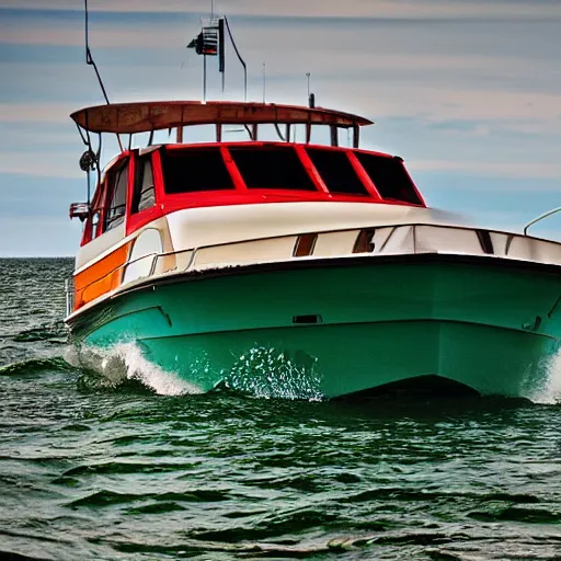 Image similar to a fifty foot boat on lake erie off presque isle, by willian santiago, intricate, detailed, sharp focus, lively colors, portrait