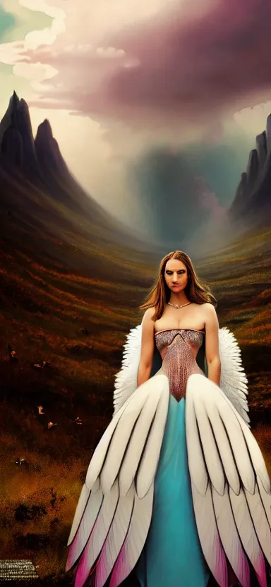 Prompt: royalty angel, big wings, argentina, natalie portman, hudson river school, max rive, full plate armor, f 1 6, bokeh, gentle, female, snowy mountain, storm clouds, god rays, close up portrait, d & d, fantasy, elegant, teal pink white gold color palette, concept art, roger deakins and greg rutkowski and alphonse mucha