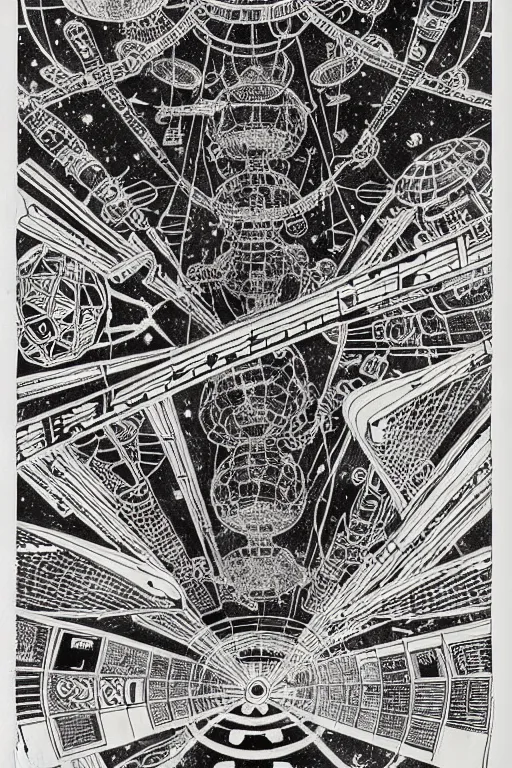 Image similar to a black and white drawing of an ancient future japanese temple international space station, bioluminescence, a detailed mixed media collage by hiroki tsukuda and eduardo paolozzi and ernst haeckel, intricate linework, sketchbook psychedelic doodle comic drawing, geometric, street art, polycount, deconstructivism, matte drawing, academic art, constructivism