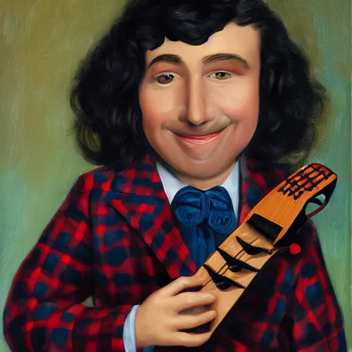 Image similar to full head portrait of Herbert Buckingham Khaury known as tiny tim holding his ukelele wearing a plaid suit, long curly black hair, large nose, digital art tulips