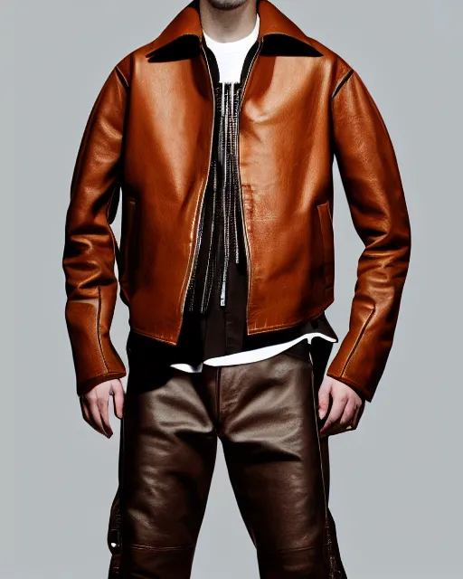 Prompt: an award - winning photo of a brown cropped extremely baggy pirate designer menswear leather jacket with an oversized collar and bootcut trousers designed by alexander mcqueen, 4 k, studio lighting, wide angle lens