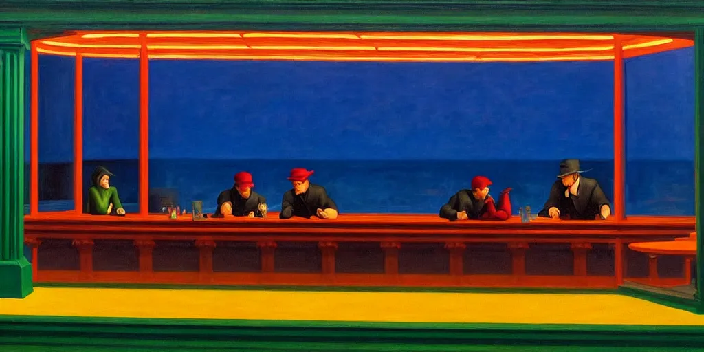 Image similar to painting nighthawks by edward hopper with jim carrey