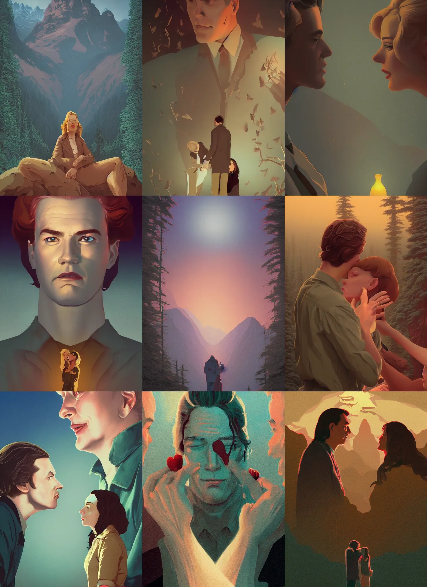 Prompt: Twin Peaks poster artwork by Artem Chebokha, Michael Whelan and Tomer Hanuka, Rendering of a cinematic beautiful closeup moment of lovers saying goodbye. Pensive Lonely I love you moth man butterfly woman, full of details, by Makoto Shinkai and thomas kinkade, Matte painting, trending on artstation and unreal engine